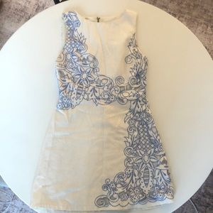 Alice + Olivia linen mini dress with blue stitching (Size 6) - good condition!